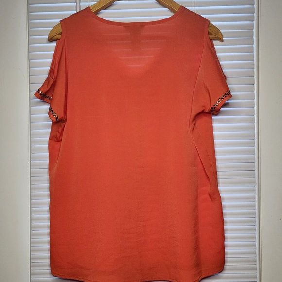 Multiples Blouse | Orange Cold-Shoulder Top with Gold Details - Picture 4 of 5